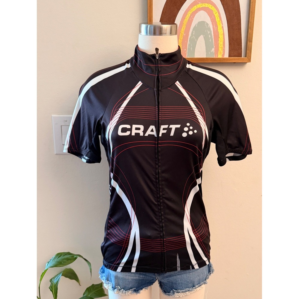 Craft Cycling Jersey Womens Size M Black Red White Full Zip Short Sleeve Bike